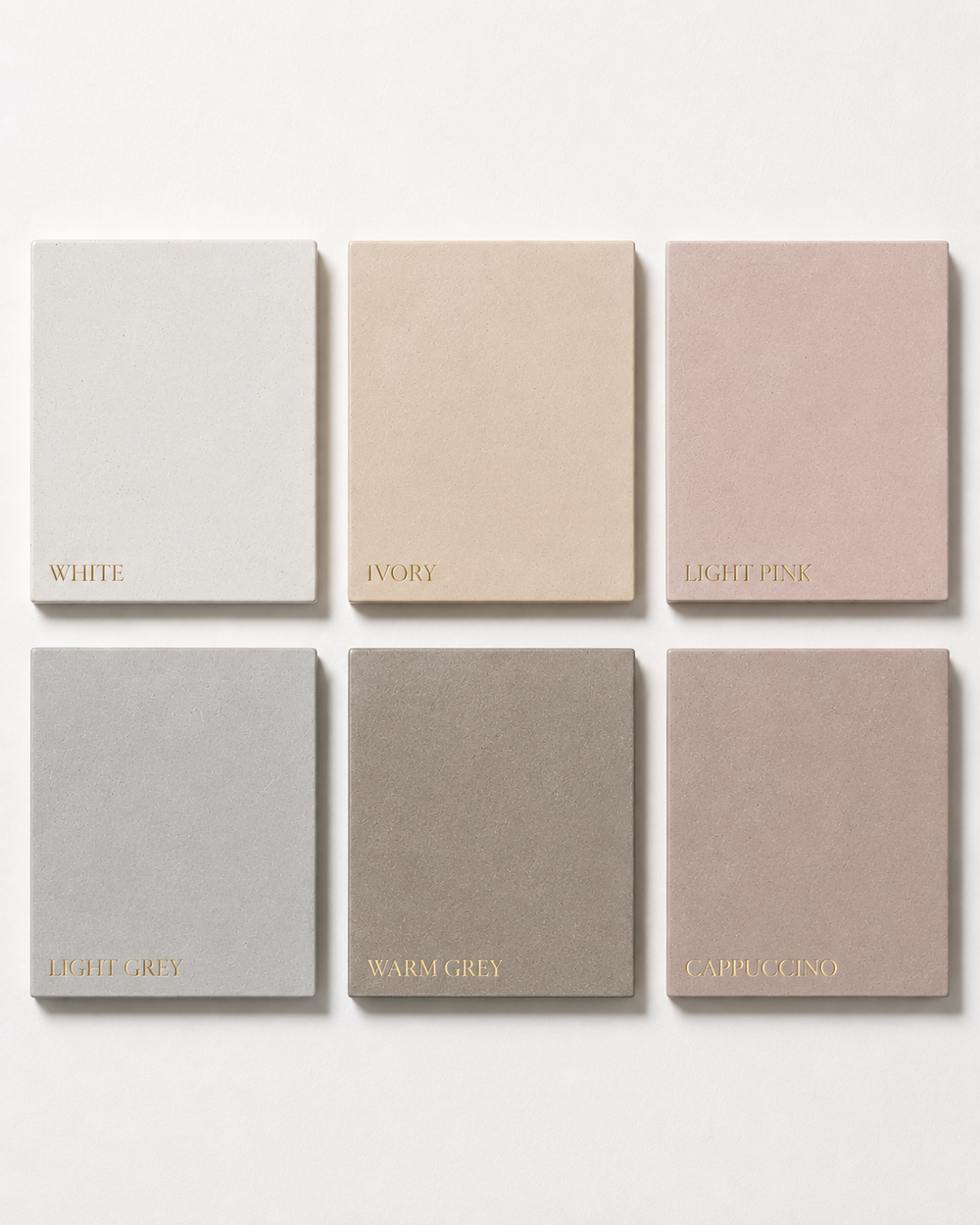 Betonvton colour palette: White, Ivory, Light Pink, Light Grey, Warm Grey, Cappuccino matte finishes