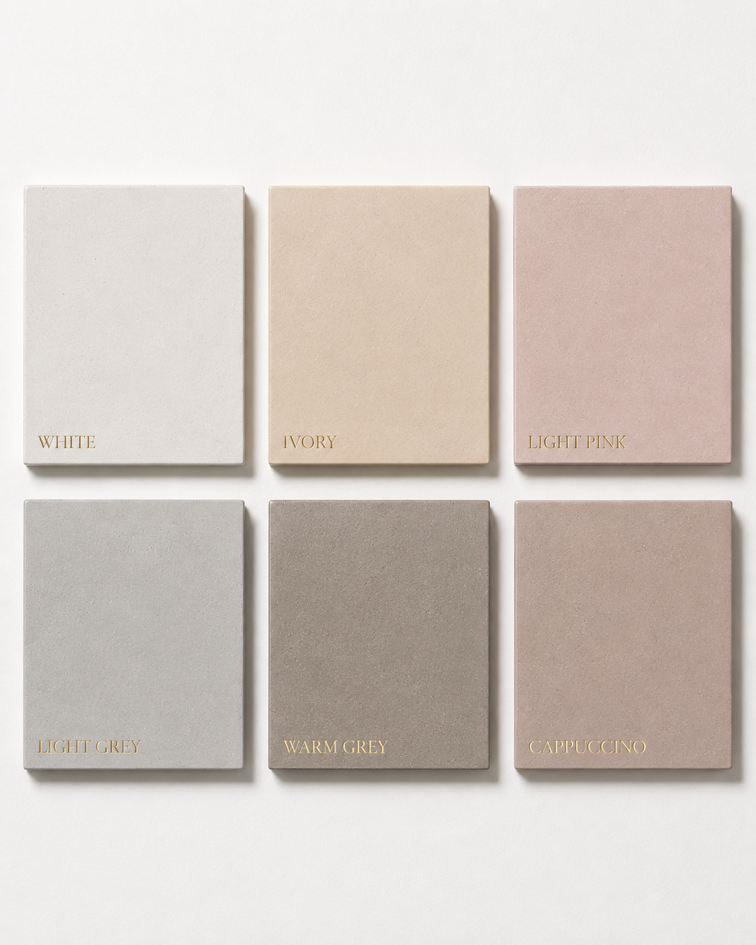 Betonvton colour palette: White, Ivory, Light Pink, Light Grey, Warm Grey, Cappuccino matte finishes
