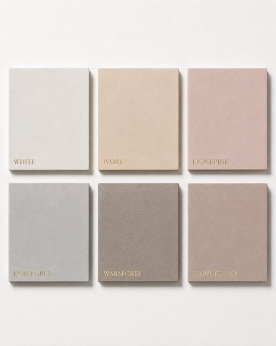 Betonvton colour palette: White, Ivory, Light Pink, Light Grey, Warm Grey, Cappuccino matte finishes