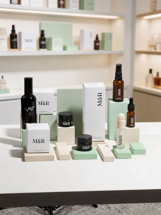 Skincare products styled on light green and beige modular display blocks
