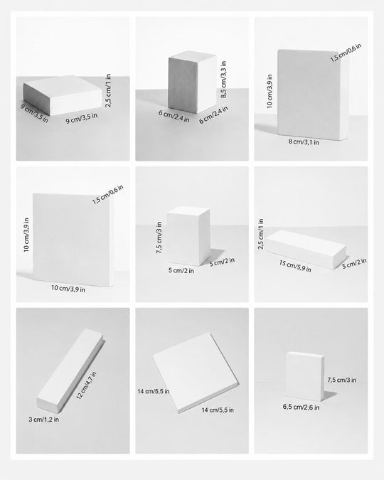 Set of eleven neutral display risers arrangement