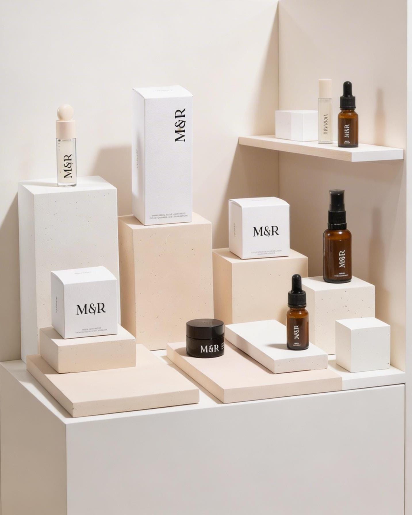 Retail display pedestal set styled with M and R skincare packaging on beige and white blocks